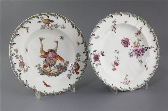 A Derby feather scroll moulded plate and a similar Chelsea plate, c. 1755-60, 21 and 21.5cm, latter cracked